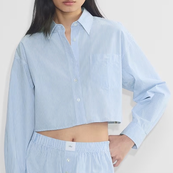 Aritzia Tops - Aritzia TNA Fergie Poplin Cropped  Shirt. Periwinkle and white striped. sz 2xs